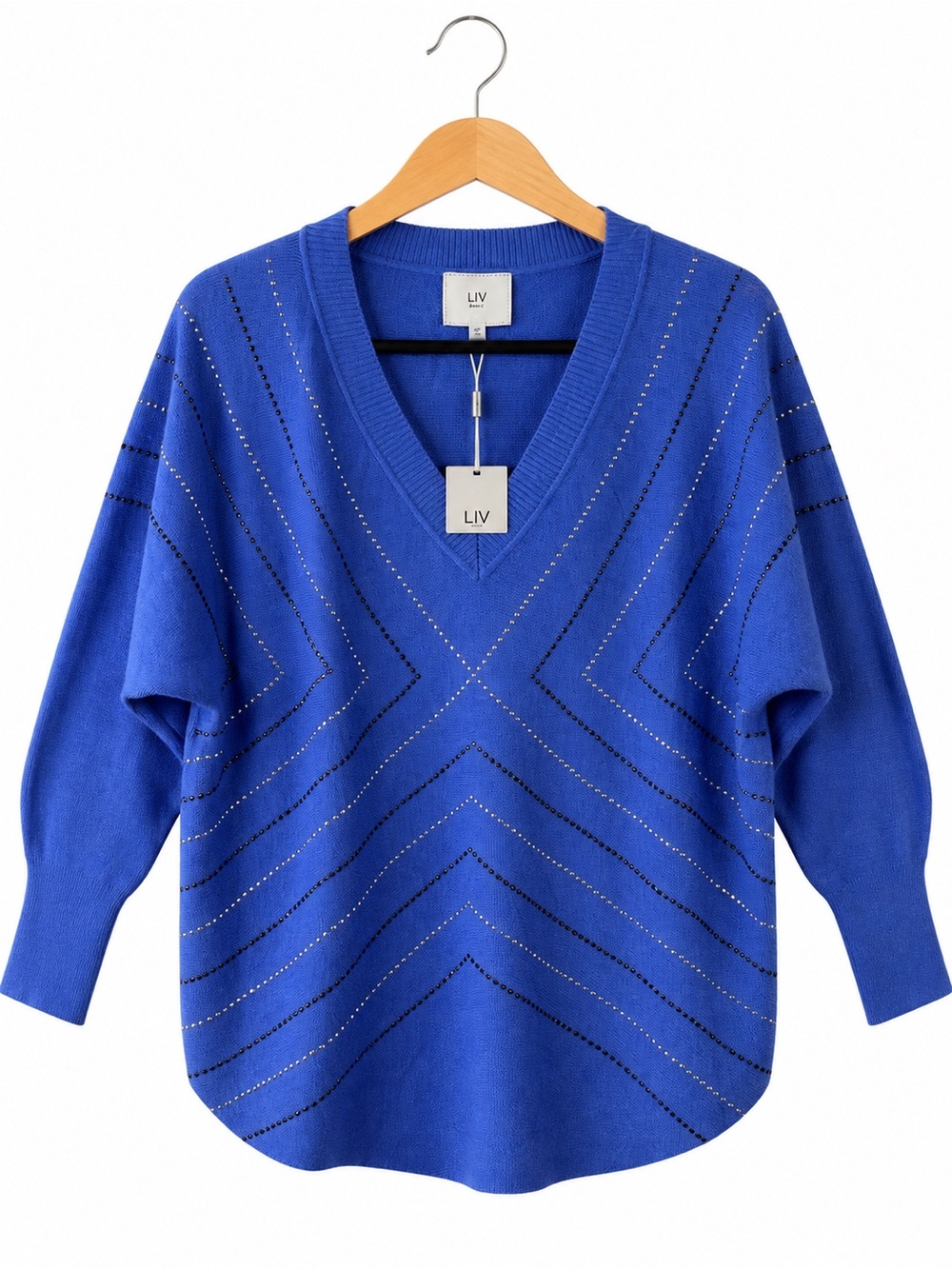LIV Periwinkle Blue Studded V Neck Sweater M NWT Rhinestone Oversized Dolman